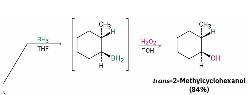<p>(syn, non-markovnikov)</p><ol><li><p>BH<sub>3</sub> and THF</p></li><li><p>H<sub>2</sub>O<sub>2</sub> and OH</p></li></ol><p></p>