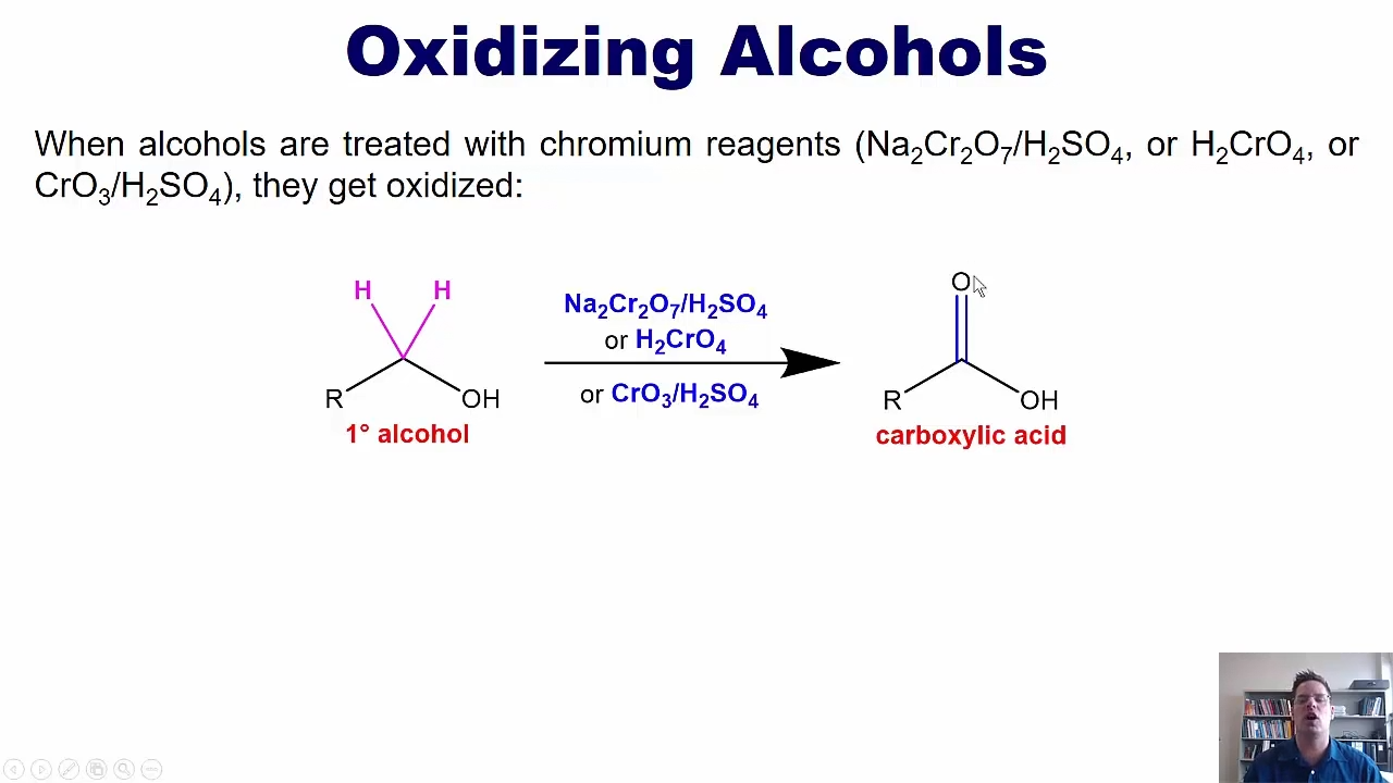 <p>they get turned into carboxylic acids <br>UPON BEING EXPOSED TO CROMIUM REAGENTS </p>