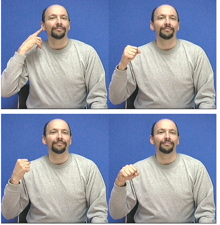 <p>dom hand pointer finger to ear make “s” hand and shake away</p>