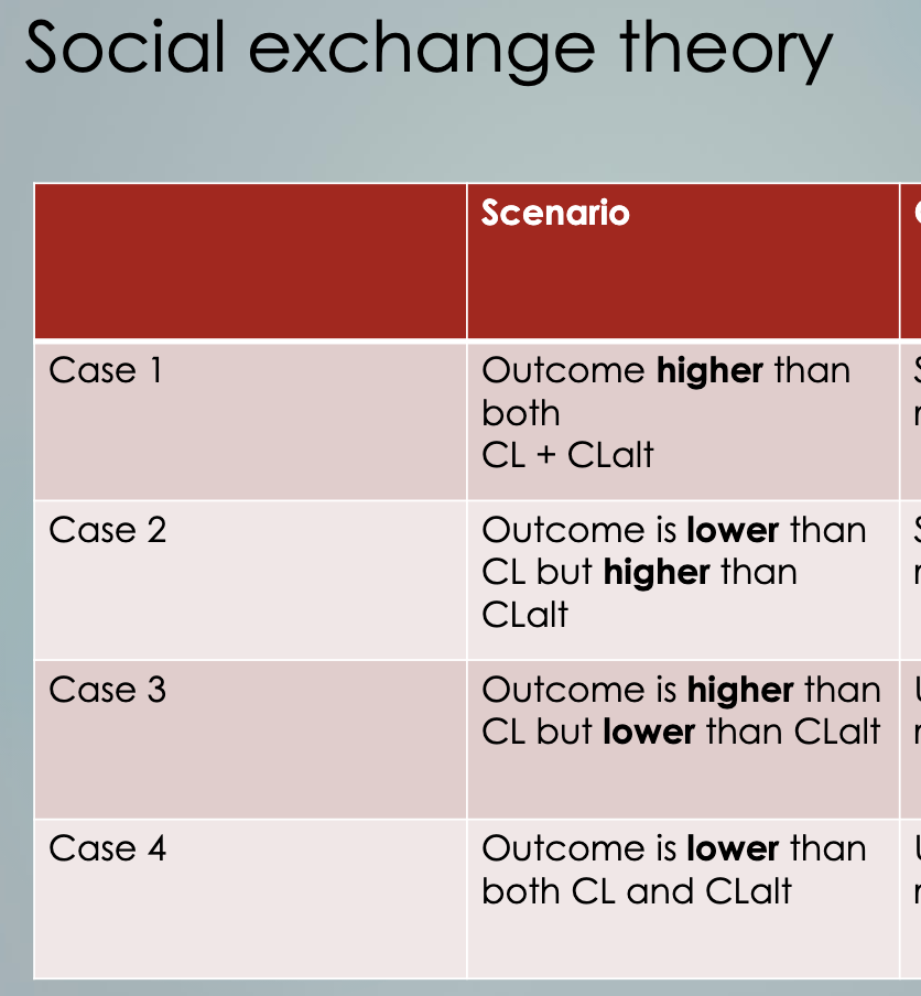 <p>What are the outcome for each social exchange scenario? (L20)</p>