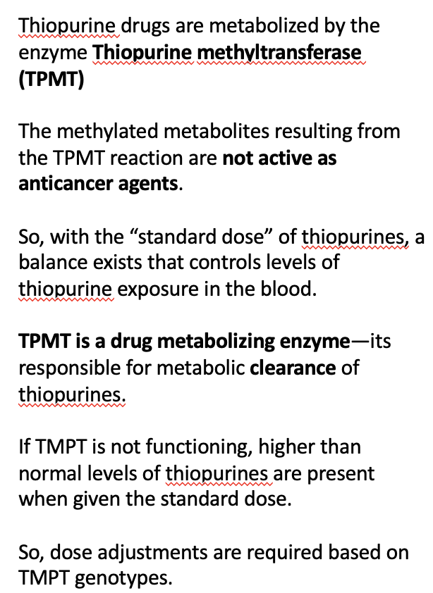 <ol><li><p>TI = very narrow; life-threatening myelosuppression</p></li><li><p>TPMT (thiopurinemethyltransferase)</p></li></ol><p></p>