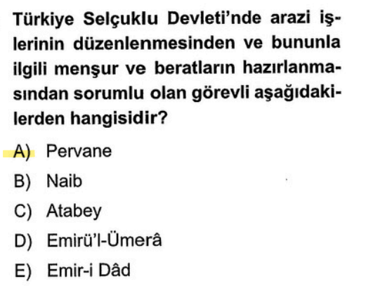 <p><strong>Pervaneci</strong>, ikta (toprak) topraklarının dağıtımından ve kayıtlarından sorumludur.</p><p><strong>Atabey:</strong> Şehzadeleri eğiten kişidir.</p>
