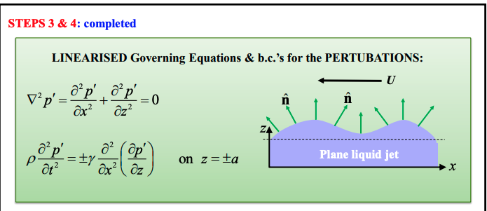 <p>Basically our goal is to sub in all our values and then simplify so we get a single PDE</p><p><strong>Introducing perturbations</strong>:</p><p>We are adding perturbations in all three variables (base velocity of zero from reference frame change)</p><ul><li><p><span style="line-height: 1.15;"><strong>Velocity:</strong> $$\mathbf{u} = 0 + \mathbf{u'}(x, z, t) \implies \mathbf{u} = \mathbf{u'}$$</span></p></li><li><p><span style="line-height: 1.15;"><strong>Pressure:</strong> $$p = P + p'(x, z, t) \implies p = p_{\infty} + p'$$</span></p></li><li><p><span style="line-height: 1.15;"><strong>Interface:</strong> $$\eta = a + \eta'(x, t)$$</span></p></li></ul><p></p><p><strong>Overview of equations</strong></p><p>Our governing equations are:</p><ul><li><p>$$\nabla \cdot \mathbf{u} = 0$$ (mass conservation)</p></li><li><p>$$\frac{\partial \mathbf{u}}{\partial t} + (\mathbf{u} \cdot \nabla)\mathbf{u} = -\frac{1}{\rho}\nabla p$$ (inviscid momentum equation)</p></li></ul><p>And boundary conditions are:</p><ul><li><p>$$p - p_{\infty} = \gamma \nabla \cdot \mathbf{\hat{n}} \quad \text{on } z = \eta(x,t)$$ </p></li><li><p>$$ \frac{\partial\eta}{\partial t}+u\frac{\partial\eta}{\partial x}=\frac{\partial z}{\partial t} $$ </p></li></ul><p></p><p><strong>subbing in to remove governing equations</strong></p><ul><li><p><span style="line-height: 1.15;"><strong>Continuity:</strong> $$\nabla \cdot \mathbf{u'} = 0$$</span></p></li></ul><ul><li><p><span style="line-height: 1.15;"><strong>Euler:</strong> $$\frac{\partial \mathbf{u'}}{\partial t} + \underbrace{(\mathbf{u'} \cdot \nabla)\mathbf{u'}}_{\text{product of small terms}} = -\frac{1}{\rho}\nabla (P + p')$$ </span></p><ul><li><p>$$\rho \frac{\partial \mathbf{u'}}{\partial t} = -\nabla p'$$ (remember this is a<strong> VECTOR equation</strong>)</p></li></ul></li></ul><p></p><p>Combining both equations by <strong>taking the divergence of both sides</strong>, we get a laplacian equation:</p><p>$$\nabla^2 p' = \frac{\partial^2 p'}{\partial x^2} + \frac{\partial^2 p'}{\partial z^2} = 0$$ </p><p></p><p><strong>subbing into the pressure boundary condition</strong></p><p>$$p - p_{\infty} = \gamma \nabla \cdot \mathbf{\hat{n}}$$ </p><p>finding unit normal</p><p>$$\mathbf{\hat{n}} = \frac{\nabla F}{|\nabla F|} = \frac{-\frac{\partial \eta'}{\partial x} \mathbf{i} + 0\mathbf{j} + \mathbf{k}}{\sqrt{(\frac{\partial \eta'}{\partial x})^2 + (0)^2 + (1)^2}} \approx -\frac{\partial \eta'}{\partial x} \mathbf{i} + 0\mathbf{j} + \mathbf{k}$$ (neglect squared term at bottom)</p><ul><li><p>This is basically just our gradient as maybe expected, as our vector does not need to be normalised due to small movements</p></li></ul><p></p><p>our pressure is</p><p>$$\frac{\partial \eta'}{\partial t} = w' \quad \text{on } z = a$$</p><p>$$p' = -\gamma \frac{\partial^2 \eta'}{\partial x^2} \quad \text{on } z = a$$ </p><p></p><p><strong>subbing into kinematic boundary condition</strong></p><p>$$\frac{\partial \eta}{\partial t} + u \frac{\partial \eta}{\partial x} = w \quad \text{on } z = \eta(x,t)$$ </p><p>we get:</p><p>$$\frac{\partial \eta'}{\partial t} = w' \quad \text{on } z = a$$ (once we neglect small terms)</p><p></p><p><strong> combining boundary conditions</strong></p><p>We can combine to eliminate η</p><p>differentiating pressure twice to get $$ \frac{\partial\eta'}{\partial t} $$ </p><p>$$\frac{\partial^2 p'}{\partial t^2} = -\gamma \frac{\partial^2}{\partial x^2} \left( \frac{\partial^2 \eta'}{\partial t^2} \right)$$ now we sub in our z velocity </p><p>$$\frac{\partial^2 p'}{\partial t^2} = -\gamma \frac{\partial^2}{\partial x^2} \left( \frac{\partial w'}{\partial t} \right)$$ now we use the Z component of our combined euler equation </p><ul><li><p>$$\rho \frac{\partial \mathbf{u'}}{\partial t} = -\nabla p'$$ , Z component is <span>$$\rho\frac{\partial w'}{\partial t}=-\frac{\partial p'}{\partial z}$$ </span></p></li></ul><p></p><p>combined we get</p><p>$$\frac{\partial^2 p'}{\partial t^2} = -\gamma \frac{\partial^2}{\partial x^2} \left( -\frac{1}{\rho} \frac{\partial p'}{\partial z} \right)$$ </p><p></p><p><strong> boundary equation PDE</strong></p><p>rearranging this our final PDE is:</p><p>$$\rho \frac{\partial^2 p'}{\partial t^2} = \gamma \frac{\partial^2}{\partial x^2} \left( \frac{\partial p'}{\partial z} \right) \quad \text{on } z = a$$ </p>