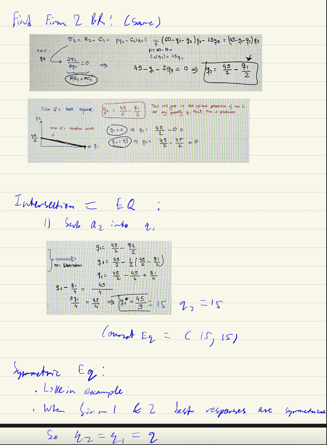 <p>quantity comp → firms choose q that max profit given q set by other firm → price = a - Q<sub>t</sub> (total quantity)<br><br>Steps: Find their best response function (differentiate) → intersection of BR is the eq, where both are mutually best responding (NE)</p>