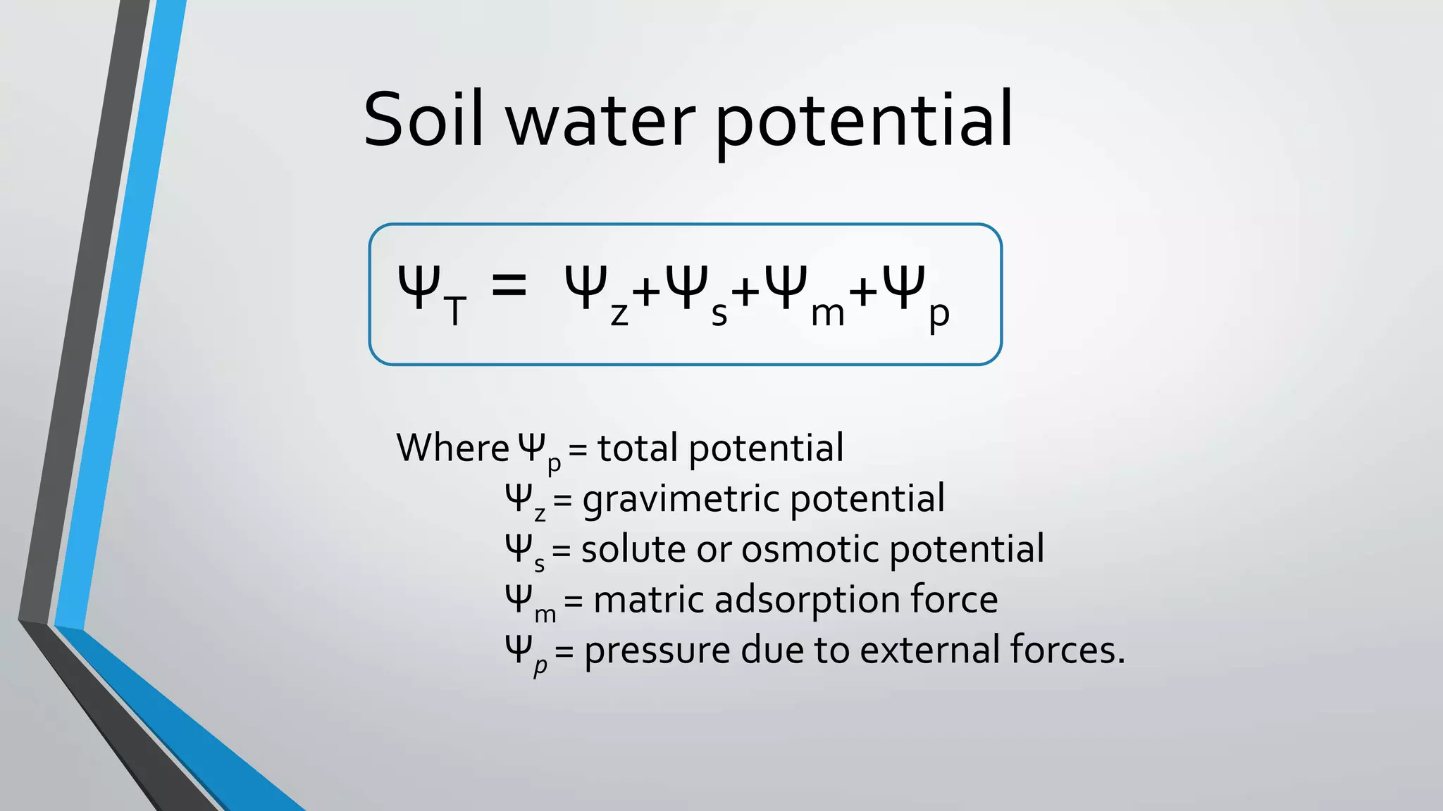 <ul><li><p>is the overall energy status of water in a system</p></li><li><p>water will move from a system of higher to lower water potential</p></li><li><p>psi o = osmotic potential energy associated with dissolved solutes negative value)</p></li><li><p>psi p = pressure potential (positive if pressure exerted)</p></li><li><p>psi m = matric potential energy associated with attractive forces of the surface of cells or soil (negative value)</p></li><li><p>psi v = humidity potential energy associated with humidity negative (drier is negative)</p></li></ul><p></p>
