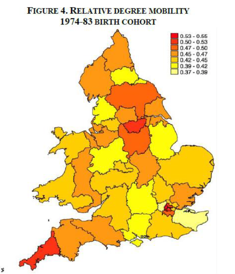 <p>What does this figure on the likelihood of children whose parents have a degree obtaining a degree relative to children of non-degree parents (2011) show?</p>