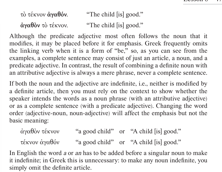 <p>if an adj modifies a definite noun (i.e., a noun modified by one or more definite articles) and does not come immediately after any of the definite articles that agree with that noun, the adj has predicate position. </p><p>look at picture*</p>