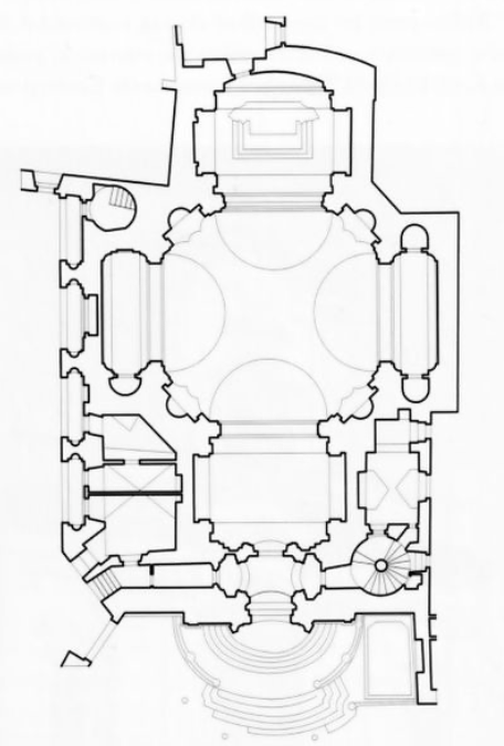 <p>Characterized by four equal arms (a "+" shape) forming a square, central focus, often topped with a dome. It emphasizes symmetry, balance, and centralized, heavenly focus. (i.e. st. john of nepomuk)</p>