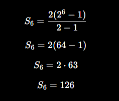 <p>A soma dos 6 primeiros termos de uma PG é 126.<br>O primeiro termo é 2 e a razão é 2.</p><p>Verificando:</p>