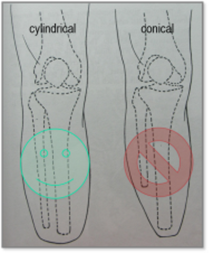 <p>cylindrical; better pressure distribution, conical is too pointy </p>