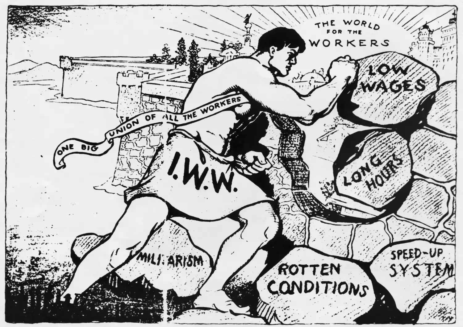<p>1) What is happening in this cartoon?</p><p>2) According to this cartoon, why should workers join the union I.W.W.?</p><p>3) Unions are popular with robber barons? Why or why not?</p>