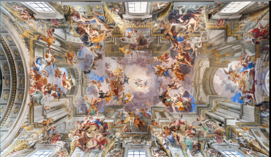 <p>illusionistische plafondschilderkunst</p><p>in barok tijden is deze techniek niet nieuw, maar nu is het wow-effect nog meer benadrukt om de contrareformatie te promoten</p><p></p>