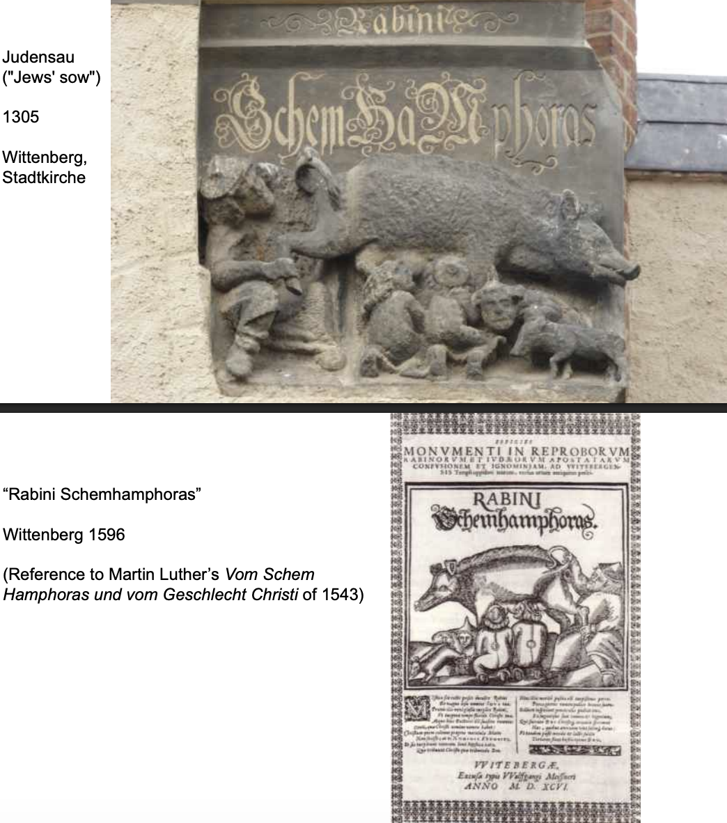 <p>Included English expulsions from the land, the enforcement of discriminatory badges, blood libels, and Martin Luther’s promotion of antisemitic symbols like the Judensau (Jews' sow).</p>