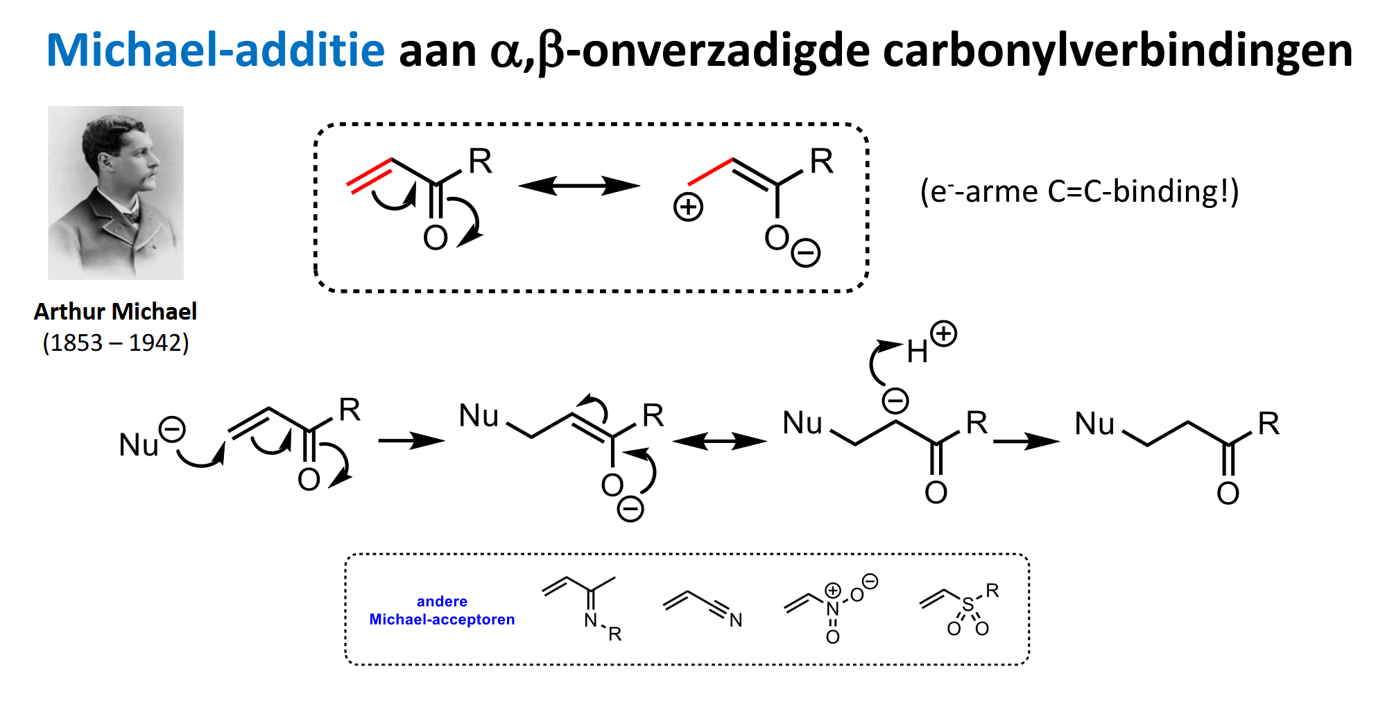 <p>p18.5</p><ul><li><p>nucleofiele additie</p></li><li><p>Michael-acceptor: dubbele binding in conjugatie met elektronenzuiger (aan andere //)</p></li></ul><p></p><ul><li><p>teken eerst mesomerie op (zoals in bovenste kader), daarna Nu- toevoegen</p></li></ul><p></p>