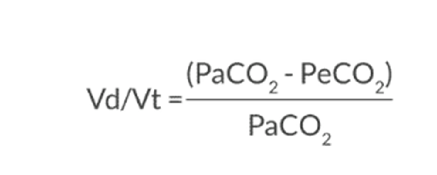 <p>To calculate the physiologic deadspace</p><p>compares the partial pressure of the CO2 in the blood vs. the partial pressure of the Co2 in the exhaled</p><p>The greater the difference the greater the amount of deadspace</p><p>many clinicals use the difference between PaCO2 and EtCo2 as a gross estimation of deadspace but this does not determine the cause of deadspace but only that the amount has changed</p>