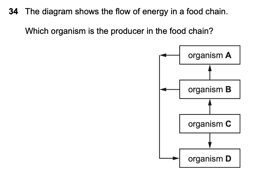 <p></p><p class="p1">The diagram shows the flow of energy in a food chain.</p><p class="p1">Which organism is the producer in the food chain?</p>