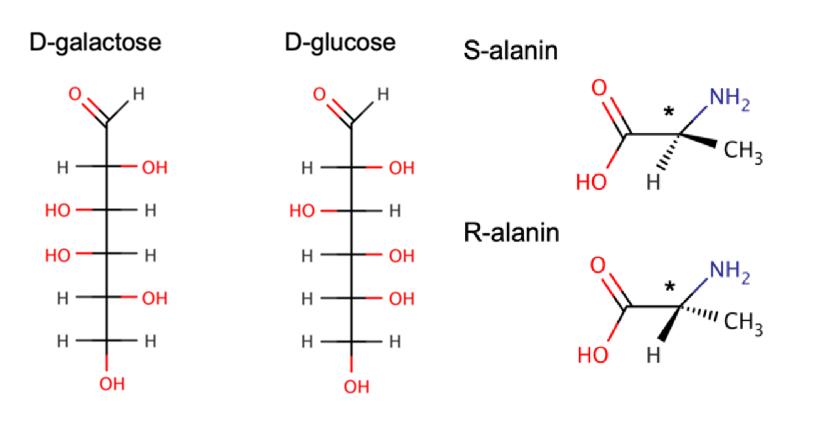 <p>Beskriv stereoisomerin för följande substanser. Diskutera om dessa har samma kemiska egenskaper och motivera varför/varför inte. (2p)<br>a) D-galactose och D-glucose<br>b) S-alanin och R-alanin</p>
