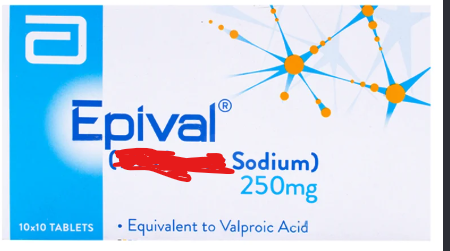 <p>Epival<span data-name="registered" data-type="emoji">®</span> Anticonvulsant</p><p>, take with food, do not chew or crush, swallow with a full glass of water</p>