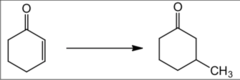 <p>methyl attaches at ß position of an α,β-conjugated carbonyl</p><p>Michael Addition with a lithium dialkylcuprate</p>