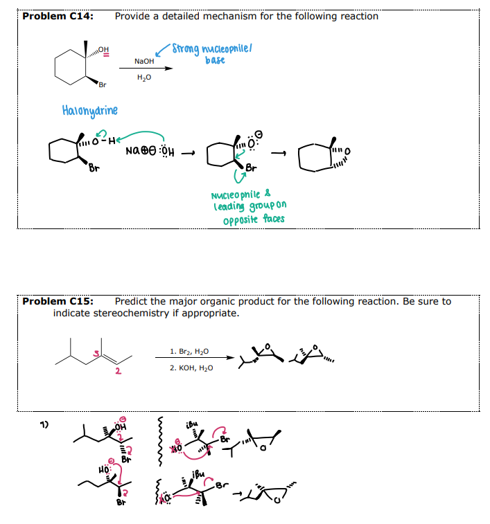 <p><strong>#5 Epoxide Formation: __________</strong></p><ul><li><p>A <span style="color: purple;"><strong>base is used to deprotonate the alcohols</strong></span>, which allows for the <strong>intramolecular SN2 reaction </strong></p><ul><li><p>Intramolecular variation of <strong>Williamson Ether Synthesis </strong></p></li></ul></li></ul><p></p>