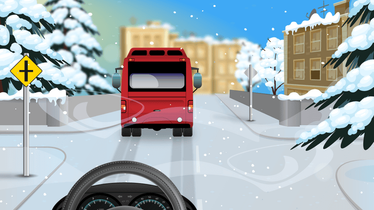 <p>What should the driver allow for when following the bus on an icy road?</p>