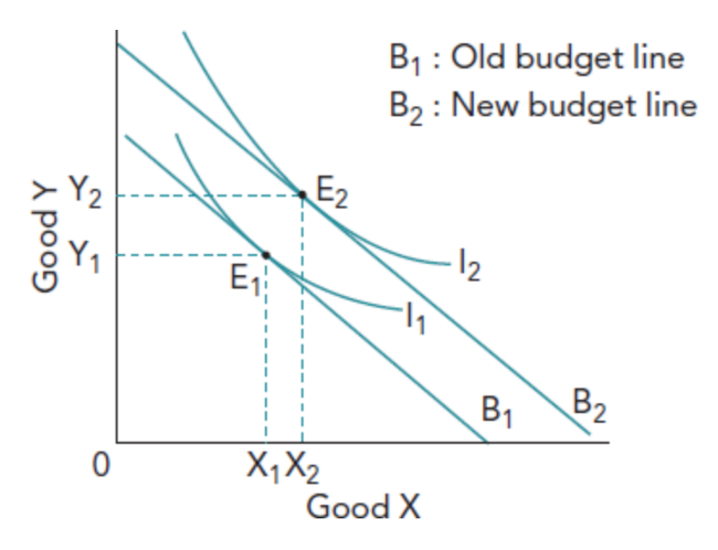 <p>Where the budget line touches, or is at tangent to, the highest indifference curve.<br />
So E2 is the optimal position.</p>