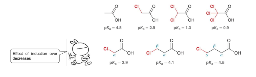 <p><strong><u>Acidity of Carboxylic Acids </u></strong></p><ul><li><p><strong>Inductive substitutents</strong> can increase _____, <mark data-color="red" style="background-color: red; color: inherit;">however the effect decreases with distance. </mark></p></li></ul><p></p>