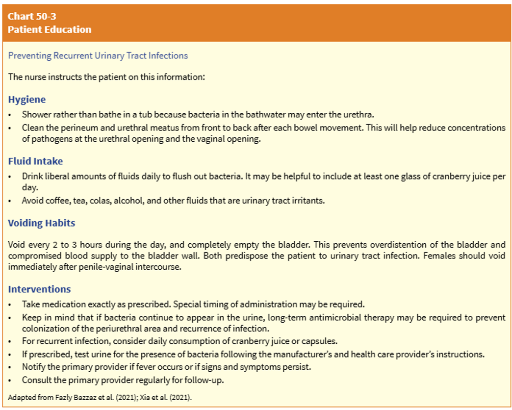 <ul><li><p>Promote adherence to antibiotic regimen </p><ul><li><p>Don’t stop because symptoms stop </p></li></ul></li><li><p>Promote increased water intake - 3-4L per day </p><ul><li><p>Monitor their own I&amp;Os and notify MD of abnormal changes to urine appearance/volume </p></li><li><p>Encourage/promote frequent voiding (go when you feel the need, and every 2-3 hours) </p></li></ul></li><li><p>Maintain good perineal hygiene, especially important for dependent/incontinent patients </p></li><li><p>Urinate before and after intercourse </p></li><li><p>Preventive measures for any modifiable tasks </p></li></ul><p></p>