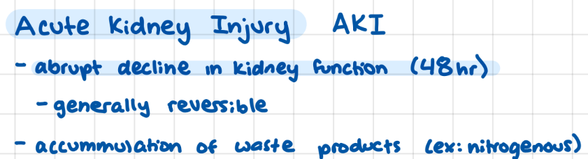 <p>abrupt 48 hr decline in kidney function</p><p>→ accumulation of waste products</p><p>usually reversible</p><p></p>