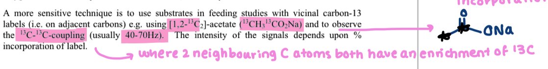 <ul><li><p>as long as the bond isnt broken we will see coupling of the carbons</p></li></ul><p></p>