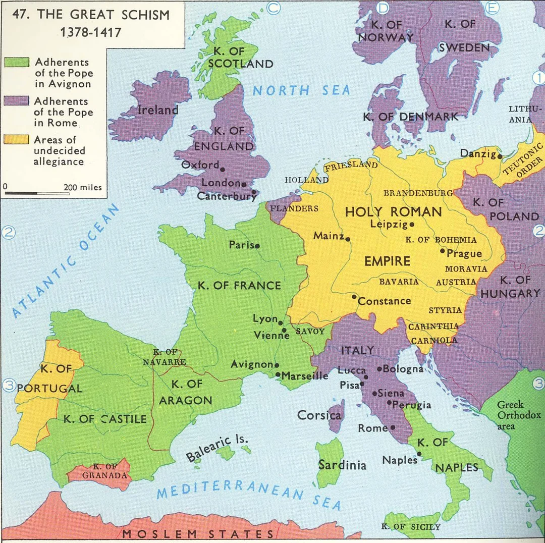 <p>(1378-1417) After the return to Rome, two popes made claims that they were legitimate popes, resulting in a spilt in the Catholic Church and a politically divided Western Europe</p>