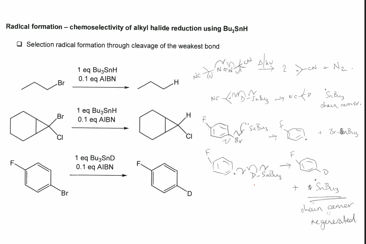 <p>The radical abstracts <strong>D (deuterium)</strong> instead of H, giving a <strong>deuterated product (C–D)</strong>. showing bond strength of C-X bonds, here br is weaker than f, so that reacts instead of F</p>