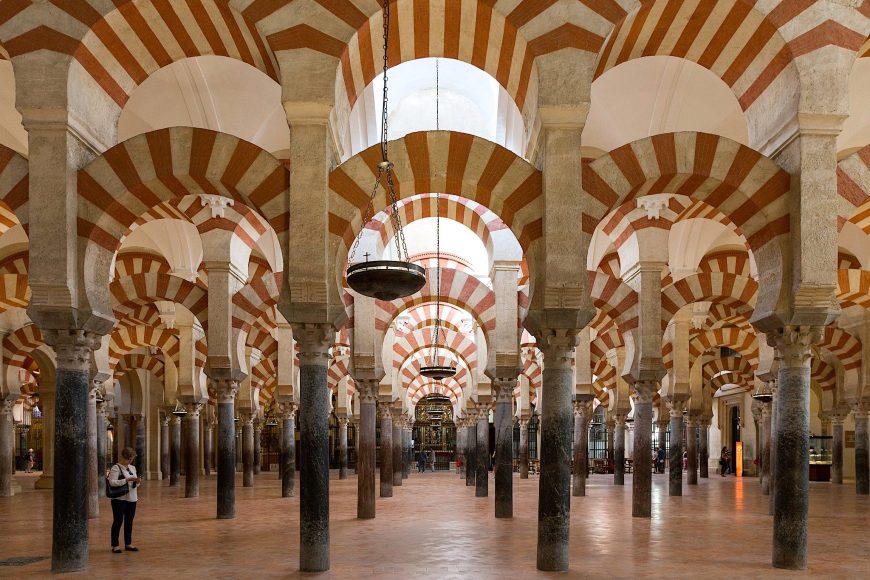 <p>Córdoba, Spain (10.1), Hypostyle mosque; horseshoe arches and striped voussoirs.</p>