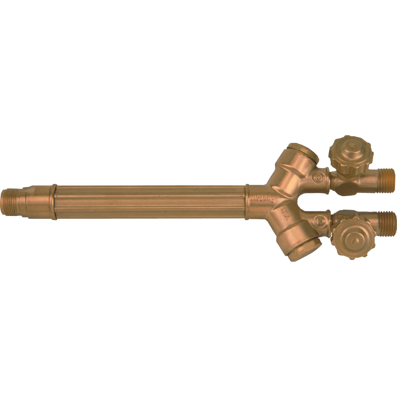 <p>Central handle body of an oxy-fuel torch, often called the torch butt, used to control gas flow and attach cutting or welding tips.</p>