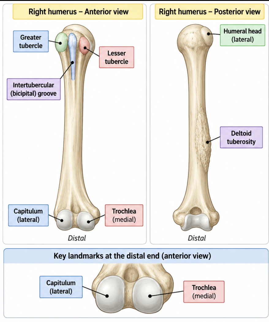 <p>Step 1 — Anterior vs. posterior<br>Anterior → look for the <strong>intertubercular (bicipital) groove</strong>, where the long head of the biceps tendon runs.<br>Posterior → bicipital groove is not visible.</p><p>Step 2 — Medial vs. lateral<br><strong>Humeral head = medial</strong> (faces toward the body/glenoid).<br>Greater tubercle = lateral.</p><p>Step 3 — Left vs. right<br>Orient the bone with the <strong>humeral head facing medially</strong> and the <strong>bicipital groove anteriorly</strong>.<br>Then determine which side of the body it fits.</p><p>Key check: <strong>Head = medial; bicipital groove = anterior.</strong></p>