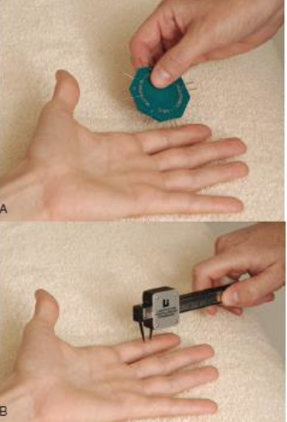 <ul><li><p><span>PURPOSE-To identify level of sensory innervation in hand</span></p><ul><li><p><span>DESCRIPTION- The examiner uses a paper clip, two-point discriminator, or calipers to simultaneously apply pressure on two adjacent points in a longitudinal direction or perpendicular to the long axis of the finger; the examiner moves proximal to distal in an attempt to find the minimal distance at which the patient can distinguish between the two stimuli. Only the fingertips need to be tested. <strong>Normal discrimination distance recognition is less than 6 mm</strong></span></p></li></ul></li></ul><p></p>