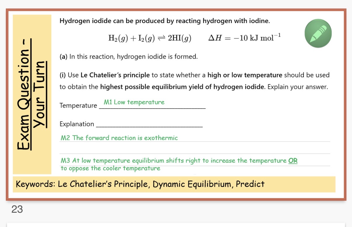 <p>2.<span>A catalyst increases the </span><strong><span>rate</span></strong><span> of both the forward and the reverse reactions by the same amount (by providing an alternative pathway with a lower activation energy). Because it speeds up both directions equally, the </span><strong><span>position of equilibrium</span></strong><span> does not change, and therefore the percentage yield remains the same.</span></p>