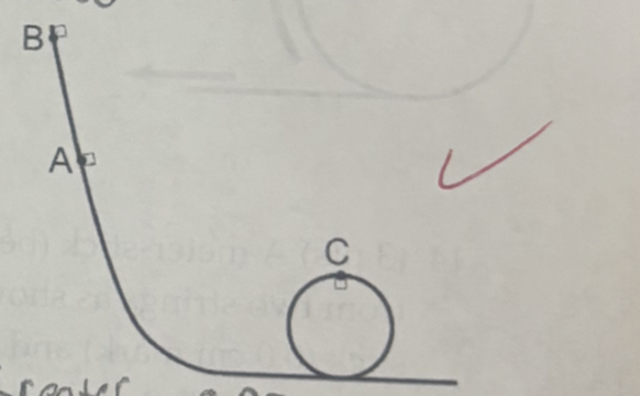 <p>consider the block in the picture. first, the block is released from point A, it slides down the frictionless ramp, and through the loop. next, the block is released from point B and follows the same path. fill in the blank in the following statement: when the block is released from point B, the normal force on the block at point C is _______ the normal force on the block at point C when the block was released from point A</p>