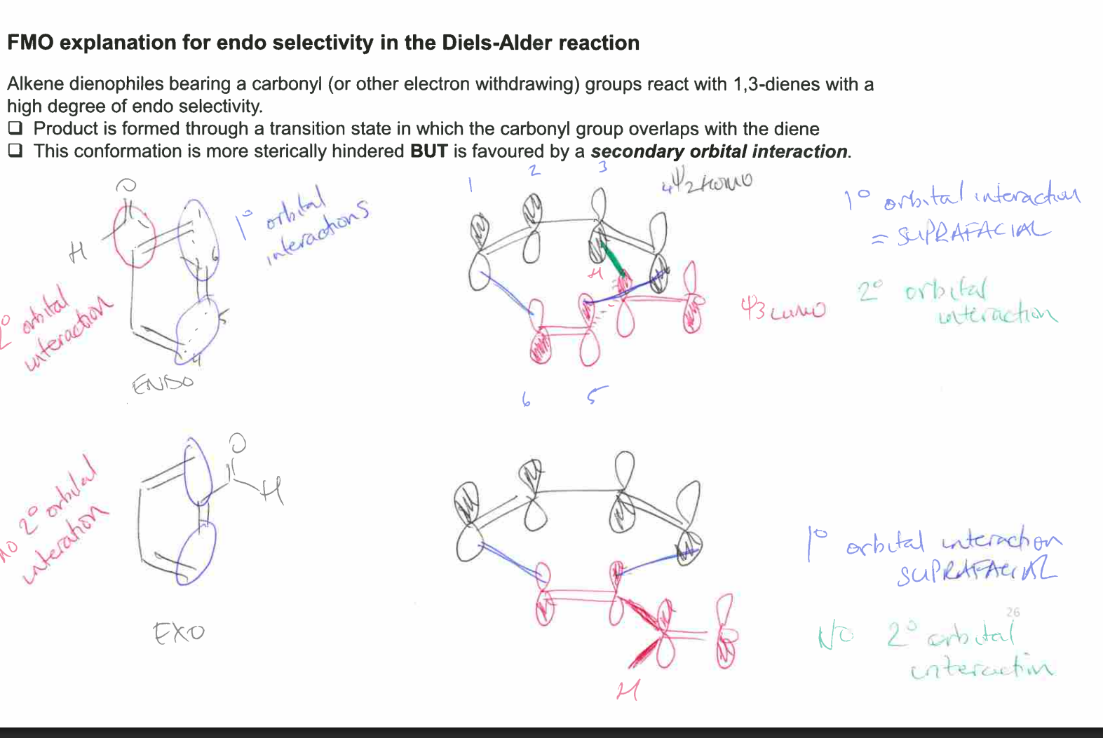 <p>usually 1,3 dienes and endo is usually prefrred, if asked why endo> exo, draw this transition states showing birtal, drawing lhs shown this is called 2nd orbital interaction when something is more hindered but preferred</p>