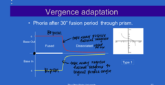 <p>Type 1 Vergence Adaptation Curve (Pic)</p><p>**When the stimulus for positive and negative fusional vergence is taken away, the patient will quickly drift back to their normal phoria angle</p>