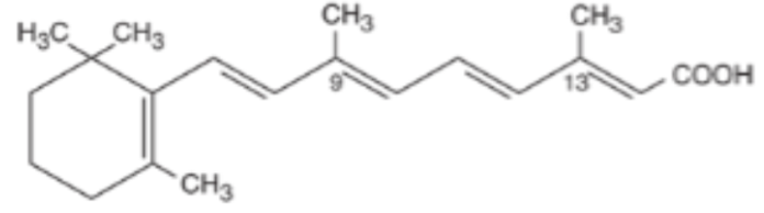 <p><span style="background-color: transparent;">_______</span></p><ul><li><p><span style="background-color: transparent;"><strong><u>Tretinoin</u></strong> or (all-trans-retinoic acid; ATRA) is the <strong><u>acid form of vitamin A </u></strong>(mimic at <strong>high concentrations</strong>)</span></p></li><li><p><span style="background-color: transparent;">Used <strong>topically for<u> Acne Vulgaris</u></strong></span></p></li><li><p><span style="background-color: transparent;"><strong>Targets</strong>: <strong><u>nuclear receptors RAR + RxR</u></strong>.</span></p></li></ul><p></p>
