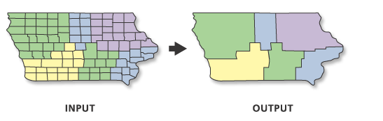 <p>new boundaries and aggregated data’</p><p>ex: all US states then dissolved into regional areas (pacific, west south central etc..)</p>