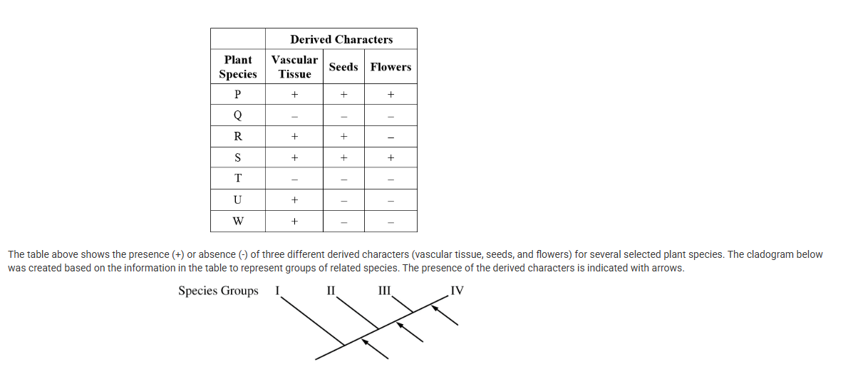 <p>The table above shows the presence (+) or absence (-) of three different derived characters (vascular tissue, seeds, and flowers) for several selected plant species. The cladogram below was created based on the information in the table to represent groups of related species. The presence of the derived characters is indicated with arrows.</p><p><br>Group IV of the cladogram most likely includes which of the following species?</p><p>A) P and S only</p><p>B) Q and T only</p><p>C) R and W only</p><p>D) U and W only</p>