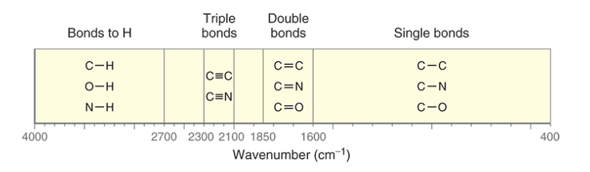 <ul><li><p>Bonds to H (C-H, O-H, N-H) found at and above 2700 cm<sup>-1</sup></p></li><li><p>Triple bonds (CN, CC) found between 2100 and 2300 cm<sup>-1</sup></p></li><li><p>Double bonds (CC, CN, CO) found between 1600 and 1850 cm<sup>-1</sup></p></li><li><p>Single bonds (CC, CN, CO) found below 1600 cm<sup>-1 </sup>(finger print region)</p></li></ul><p></p>