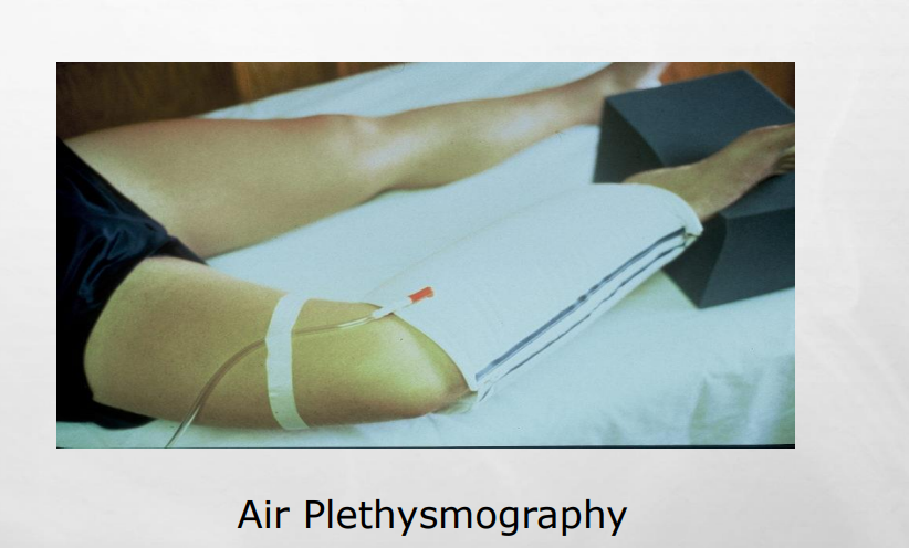 <p>AIR PLETHYSMOGRAPHY: AIR IS USED TO MEASURE VOLUME CHANGES</p>