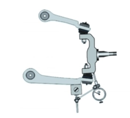 <p>Technician A says that the setup shown is used to measure the ball joint for excessive axial play.  Technician B says that the setup shown is used to inspect the control arm bushing for excessive play.  Who is right?</p>