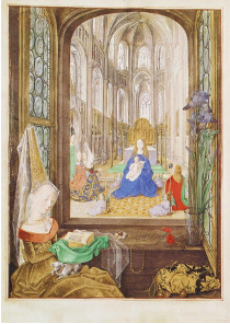 <p>Er wordt een spel gespeeld > kijken en bekeken worden. Maria is twee keer afgebeeld en dit gebeurd ook met andere elementen.</p>