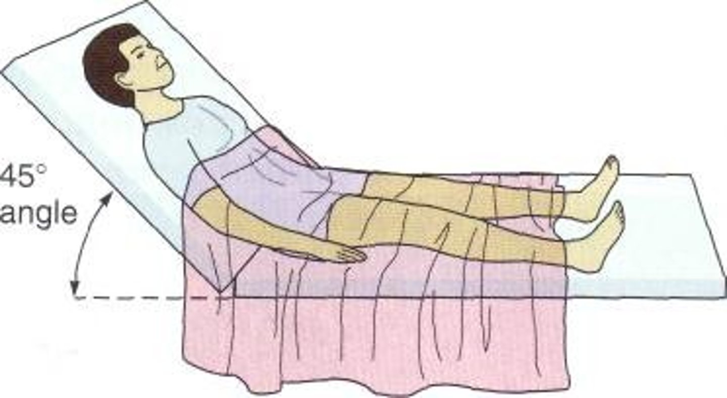<p>seated leaning back against back of the exam table, raised to a 45 degree angle</p><p>- chest exams</p><p>- exams needed to be administered in supine, but patient is unable to lay flat</p><p>- exams for patients experiencing shortness of breath</p>