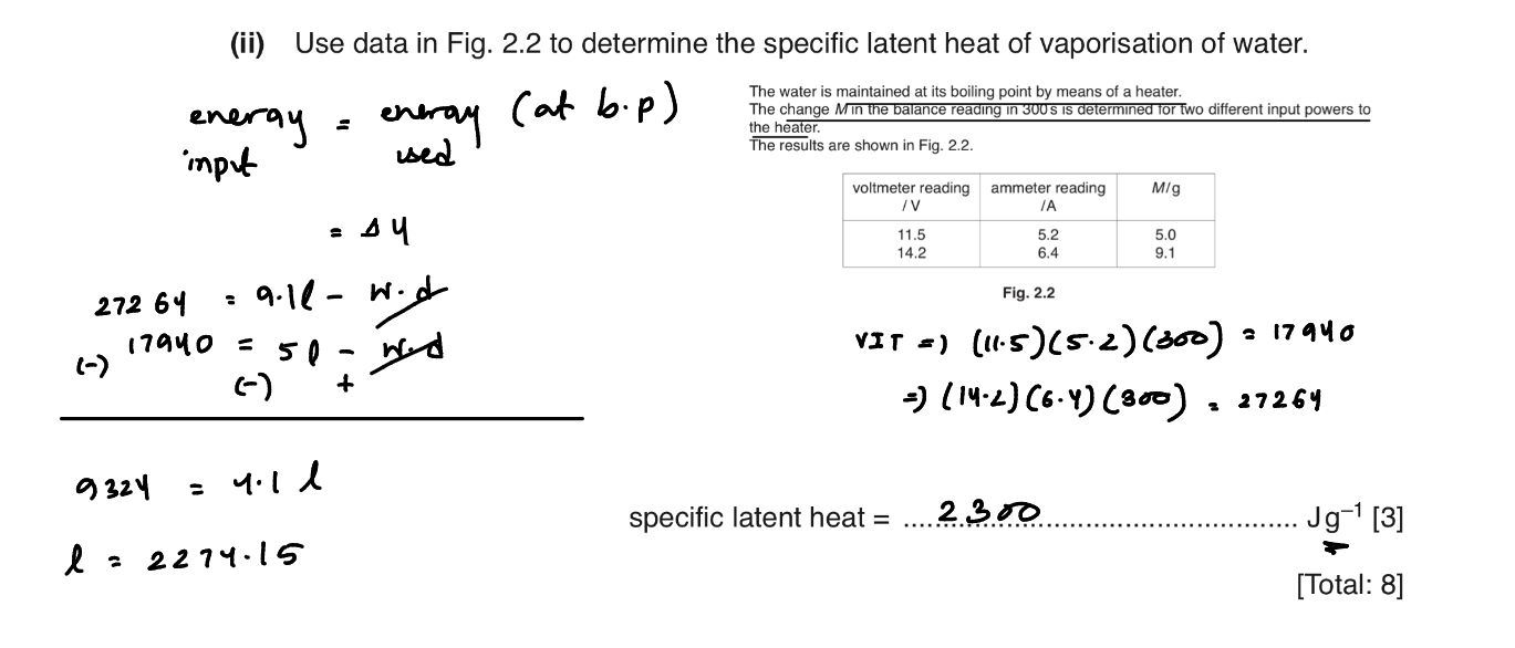 <ul><li><p>when a liquid is at its boiling point, the work done against atmosphere by the water vapor is equal no matter how much energy is given by the heater.<span style="color: yellow;"><em>(for example, 1 heater provides 20,000 J of energy and another heater provides 30,000 J of energy, the rate of heat loss hence the heat loss in a given time will be the same. Also, the work done.)</em></span></p></li><li><p>The energy loss is also equal</p></li><li><p>Hence, the energy input by the heater is equal to the energy used by the water, hence the increase in internal energy of the water</p></li><li><p><u>So energy input=Pt=VIt=energy used=U=ml (energy loss and work done cancels out)</u></p></li></ul><p></p>