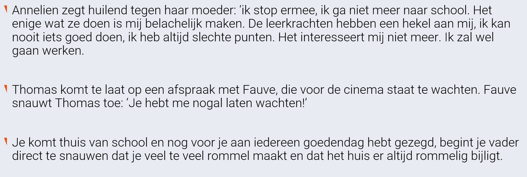 <p>Inhoud & gevoel</p><p>Voorbeeld zie foto </p><ul><li><p>actief luisteren: gevoel erkennen & doorvragen op inhoud</p></li><li><p><em>vb. ‘ik kan me </em><span><em>inbeelden dat het vervelend voor je was dat je op mij moest wachten’ (gevoel met inhoud terugkoppelen)</em></span></p></li></ul><p></p>